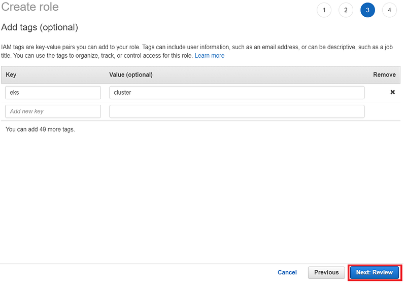 You can add tag for the iam role eks cluster, click Nex: Review