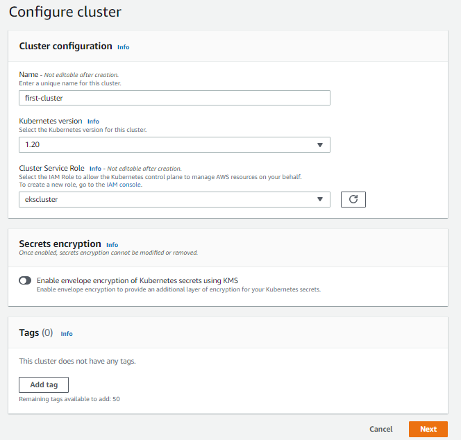 Choose ekscluster for Cluster Service Role, then Next