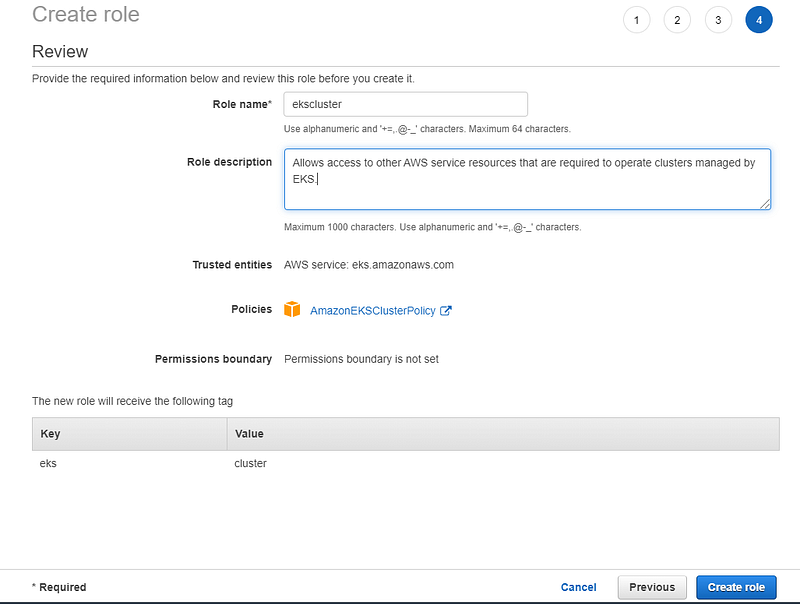 Create the cluster role with name ekscluster