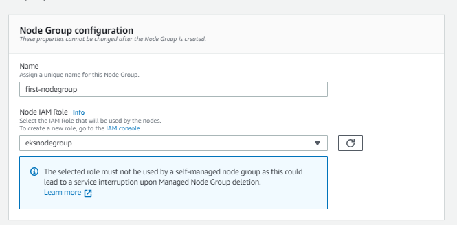 choose the iam role for eks node group, and then click next