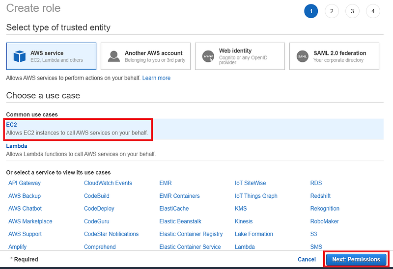 Select EC2 and then click Next: Permissions