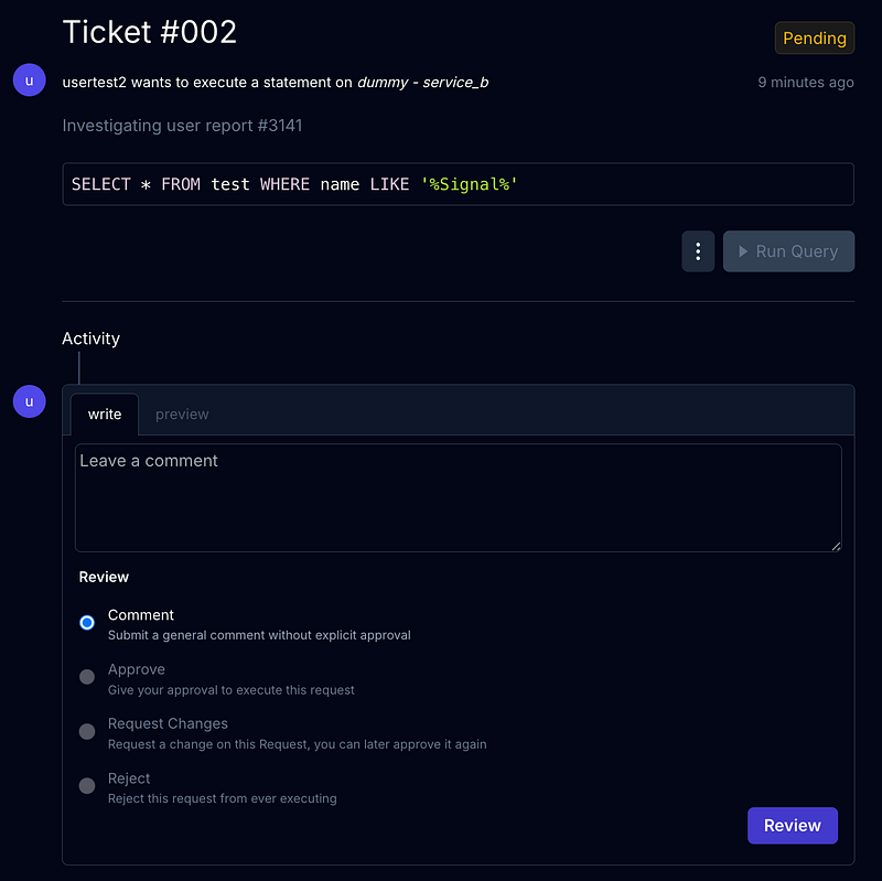usertest2 submit a request for run a query on database service_b