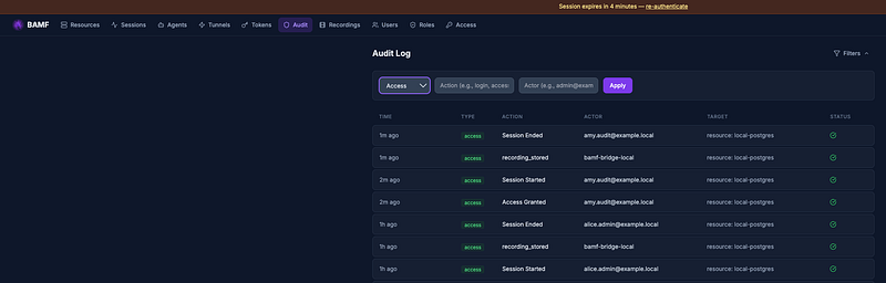 User access session history page