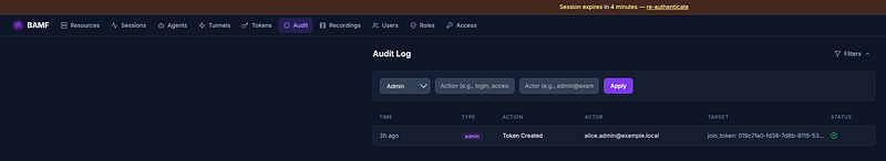 User admin session history page
